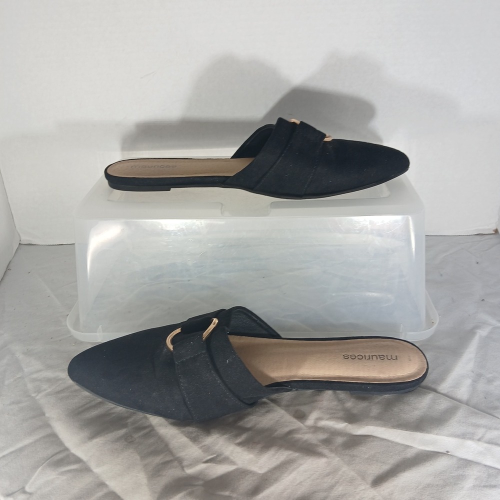 Maurices Natalie Black Fabric Pointed Toe Mule Flats Gold Ring Buckle Mens 8M - Picture 2 of 9